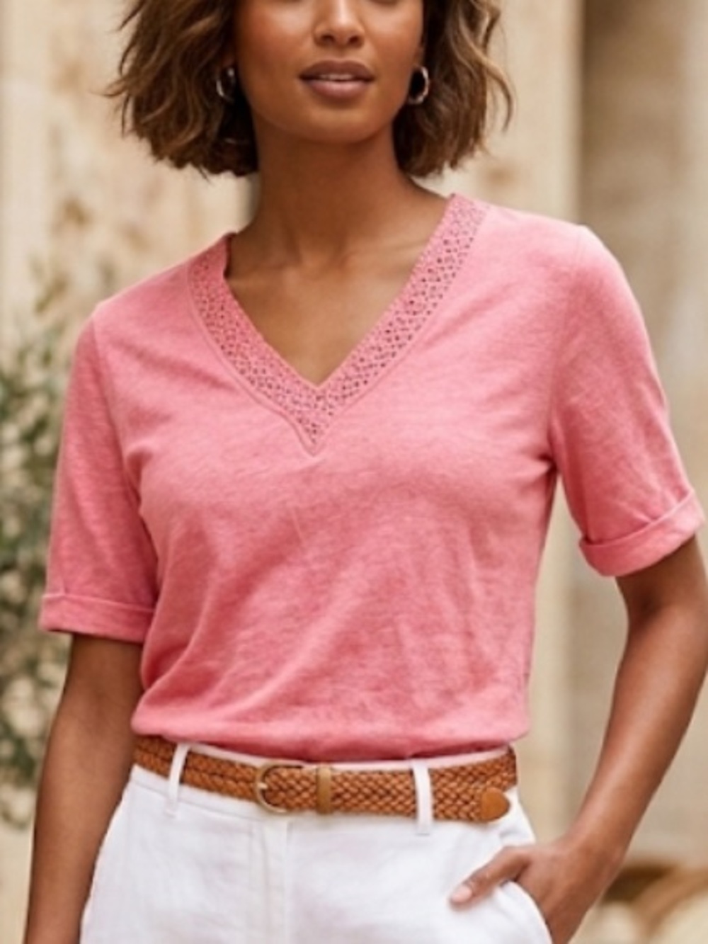 NWOT Pure Collection 100% Linen crochet Lace Trim V-Neck Top  pink 10/M